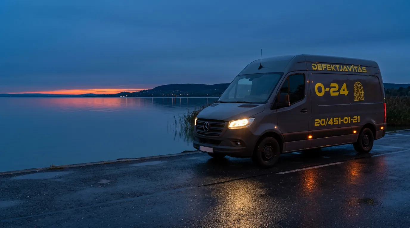 A Mobil Gumis Balaton szervizkocsija égő fényszóróval a Balaton partján, szürkületkor